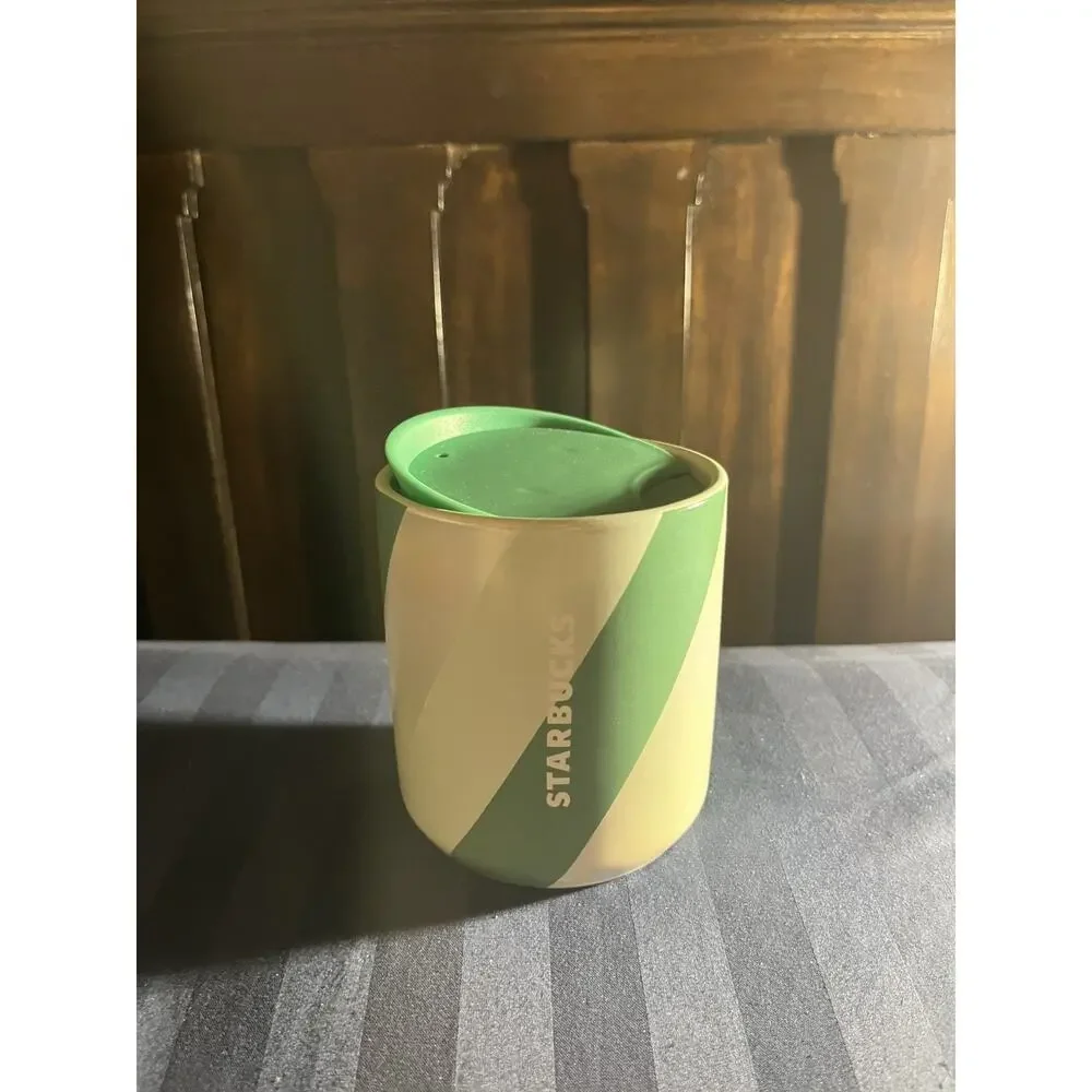 Starbucks 2022 Holiday Mint Green Striped Ceramic 8 oz. Tumbler w/Green Lid New